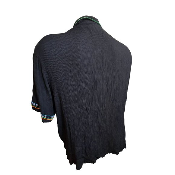 Black Crinkle Blouse With Colorful Beaded Embroidery Detail Size 4X JJ4089 - Picture 5 of 7